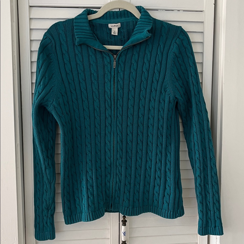 LL Bean Cotton Cable knit Zip Up Cardigan Sz Large Teal Sweater - Picture 4 of 5
